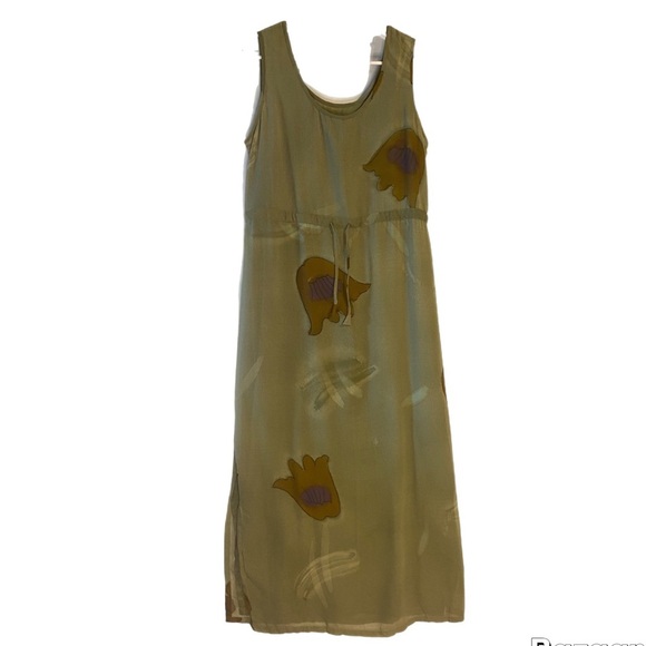 Sacred Threads Boho Artsy Sleeveless Maxi Shift Dress Size L Olive Green & Brown - Picture 2 of 11